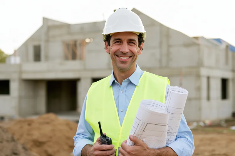 Smiling middleaged man in white helmet and yellow vest holding blueprints and walkie talkie at construction site