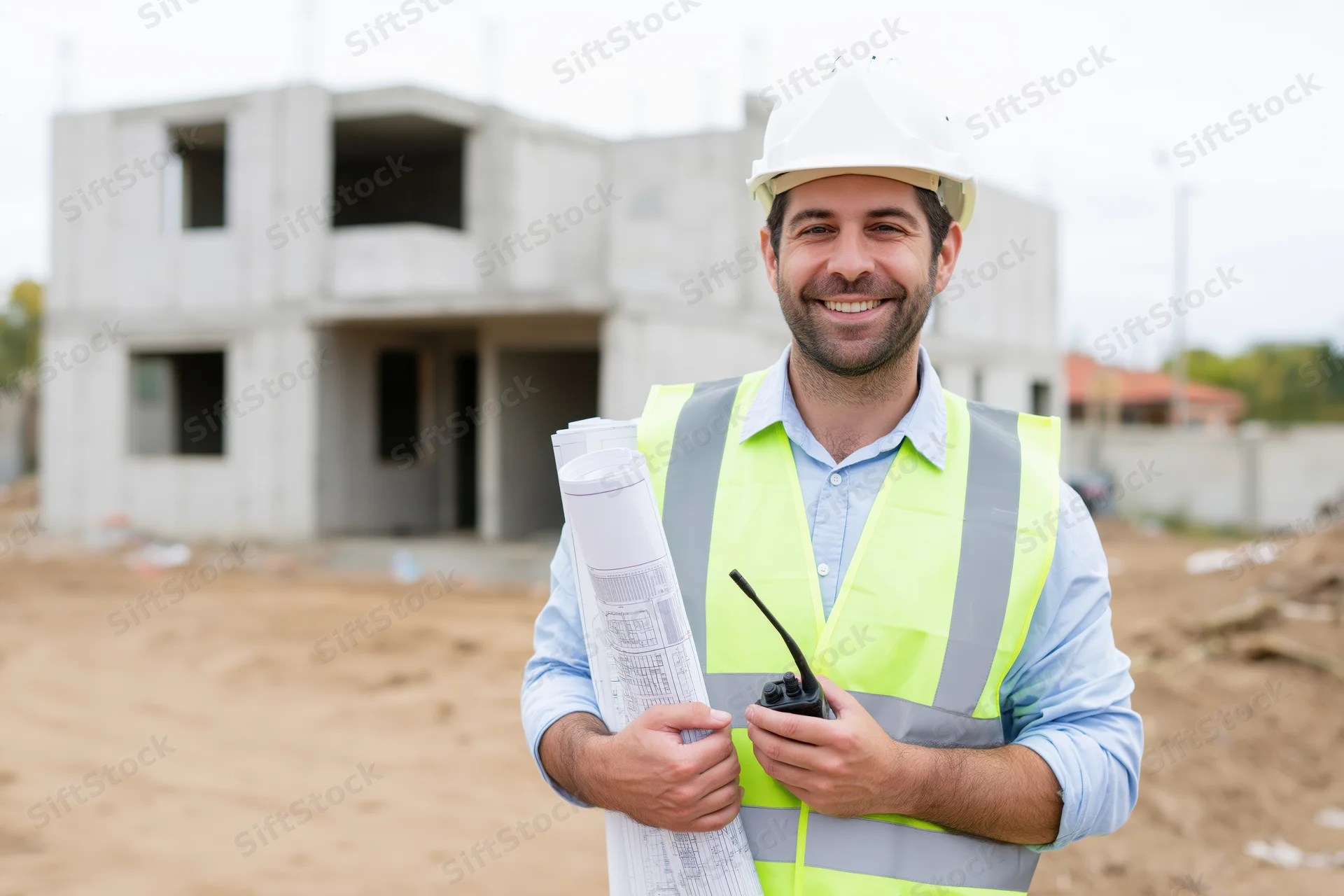 Smiling male engineer in hardhat and safety vest holding blueprints and walkie-talkie on construction site