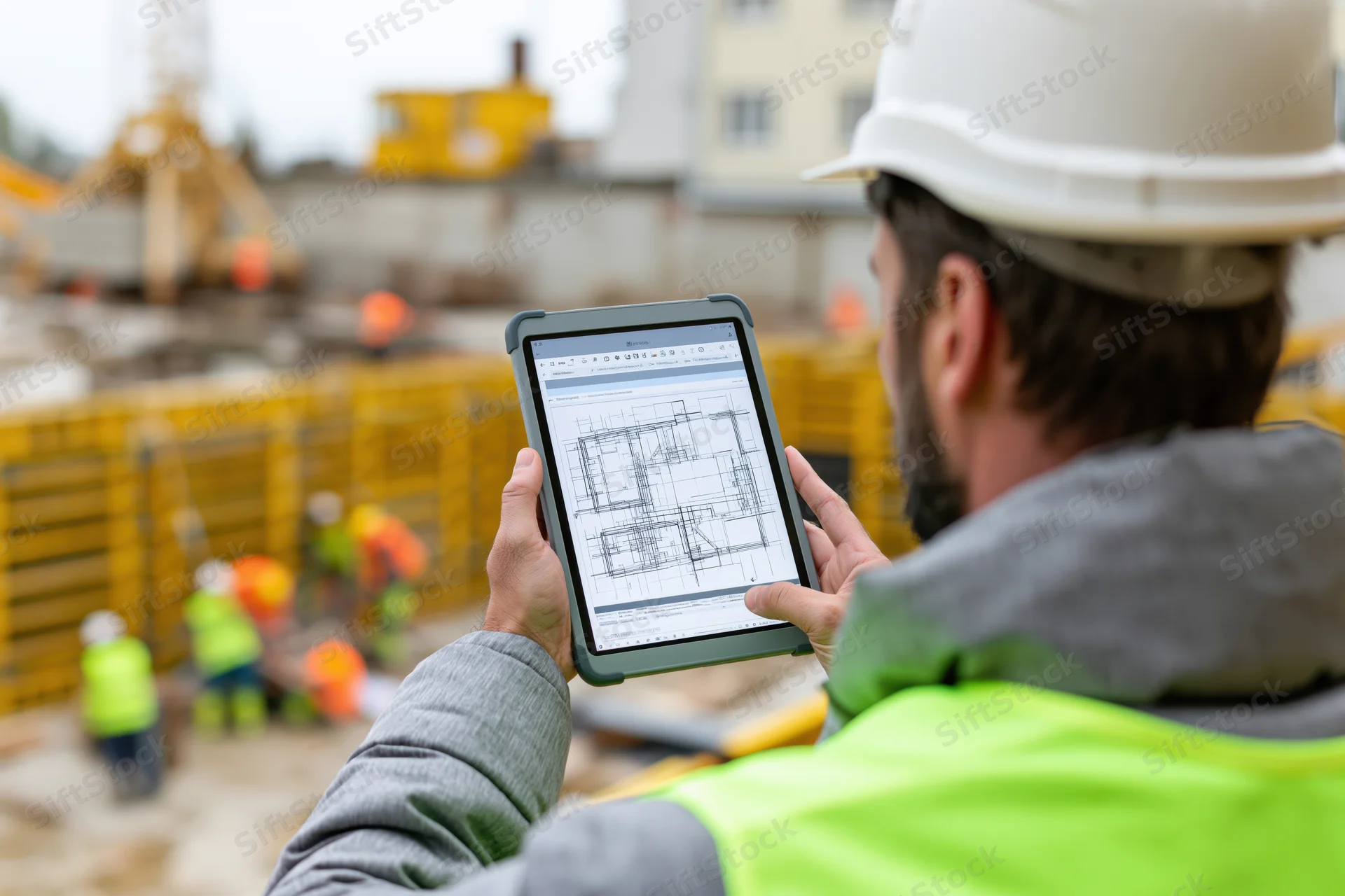 Construction supervisor holding tablet with blueprint at building site