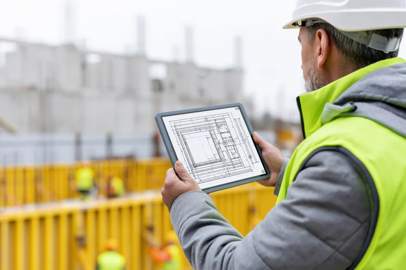 Construction supervisor holding tablet with blueprint at building site