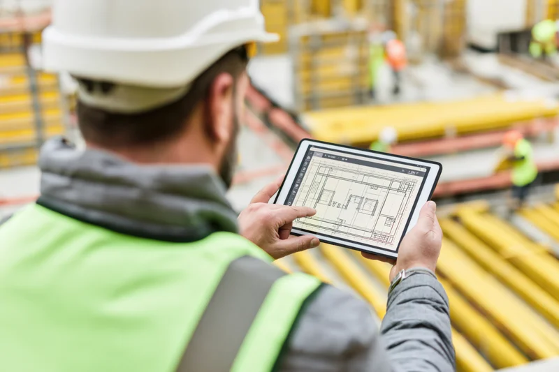 Construction supervisor holding tablet with blueprint on site