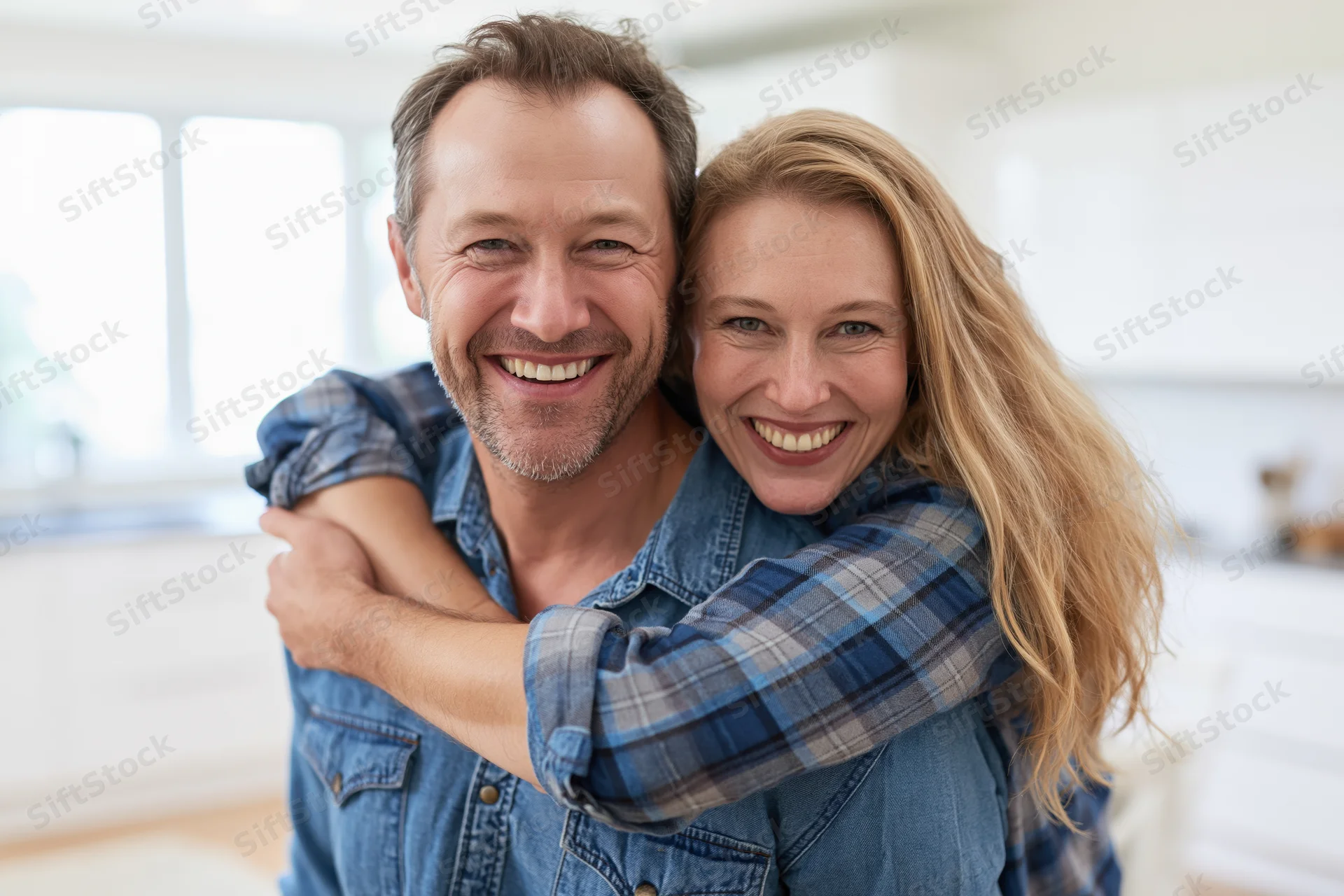 Couple embracing and smiling in a bright kitchen interior