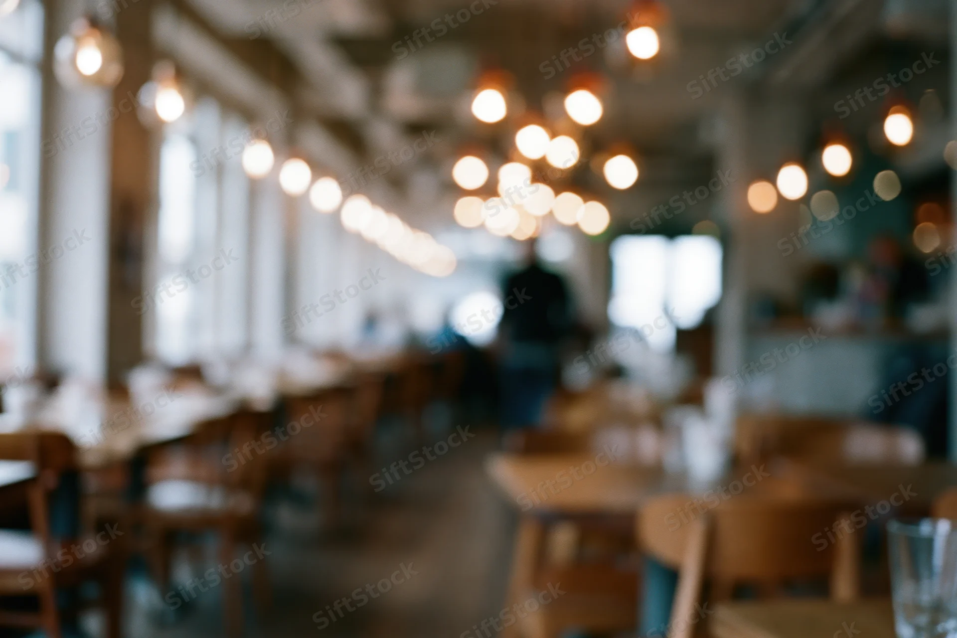 Defocused interior of a casual cafe with wooden tables and chairs under warm pendant lighting
