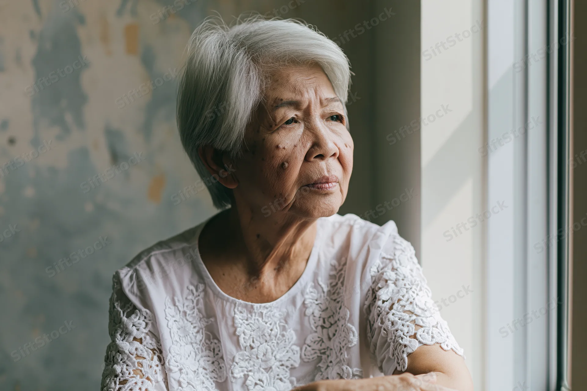 Elderly asian woman sitting quietly by window in contemplative pose wearing white lace blouse