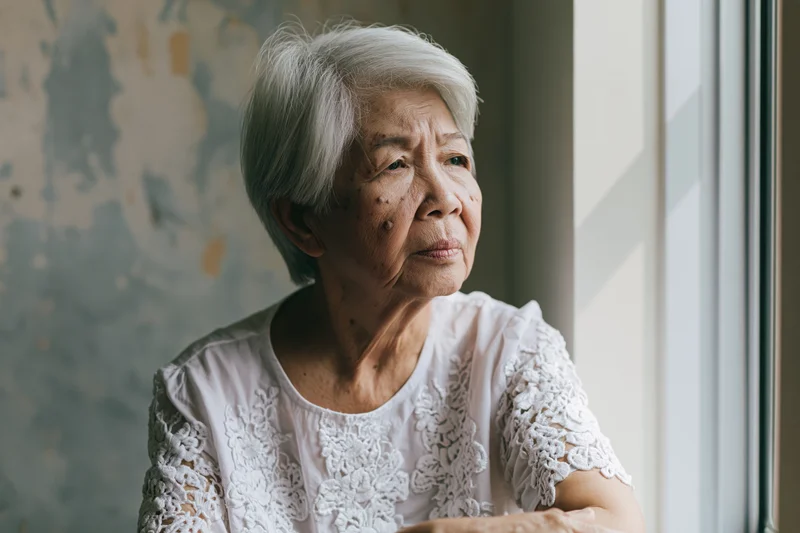 Elderly asian woman sitting quietly by window in contemplative pose wearing white lace blouse