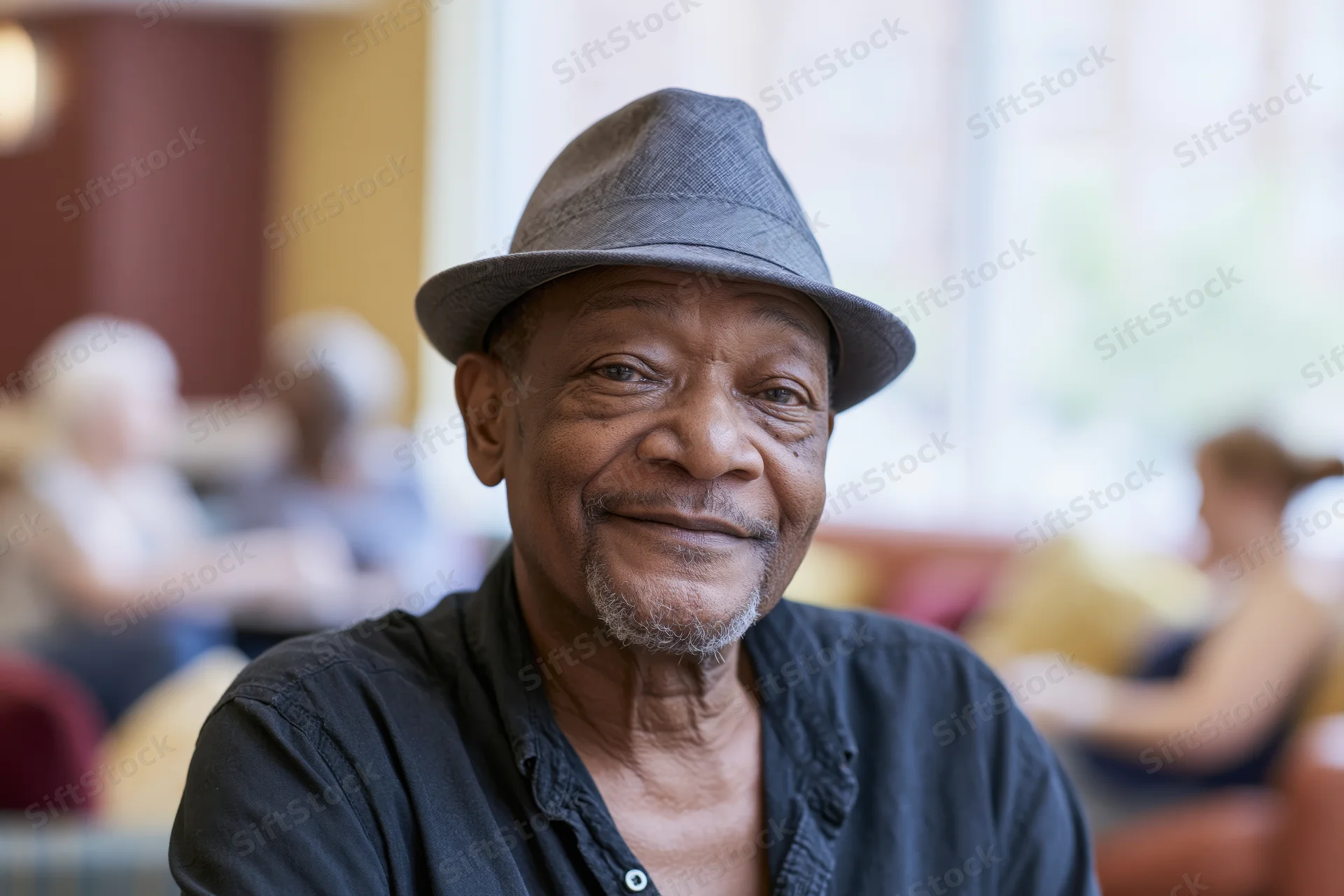 Senior black man smiling softly while wearing a grey fedora hat indoors in a cafe setting