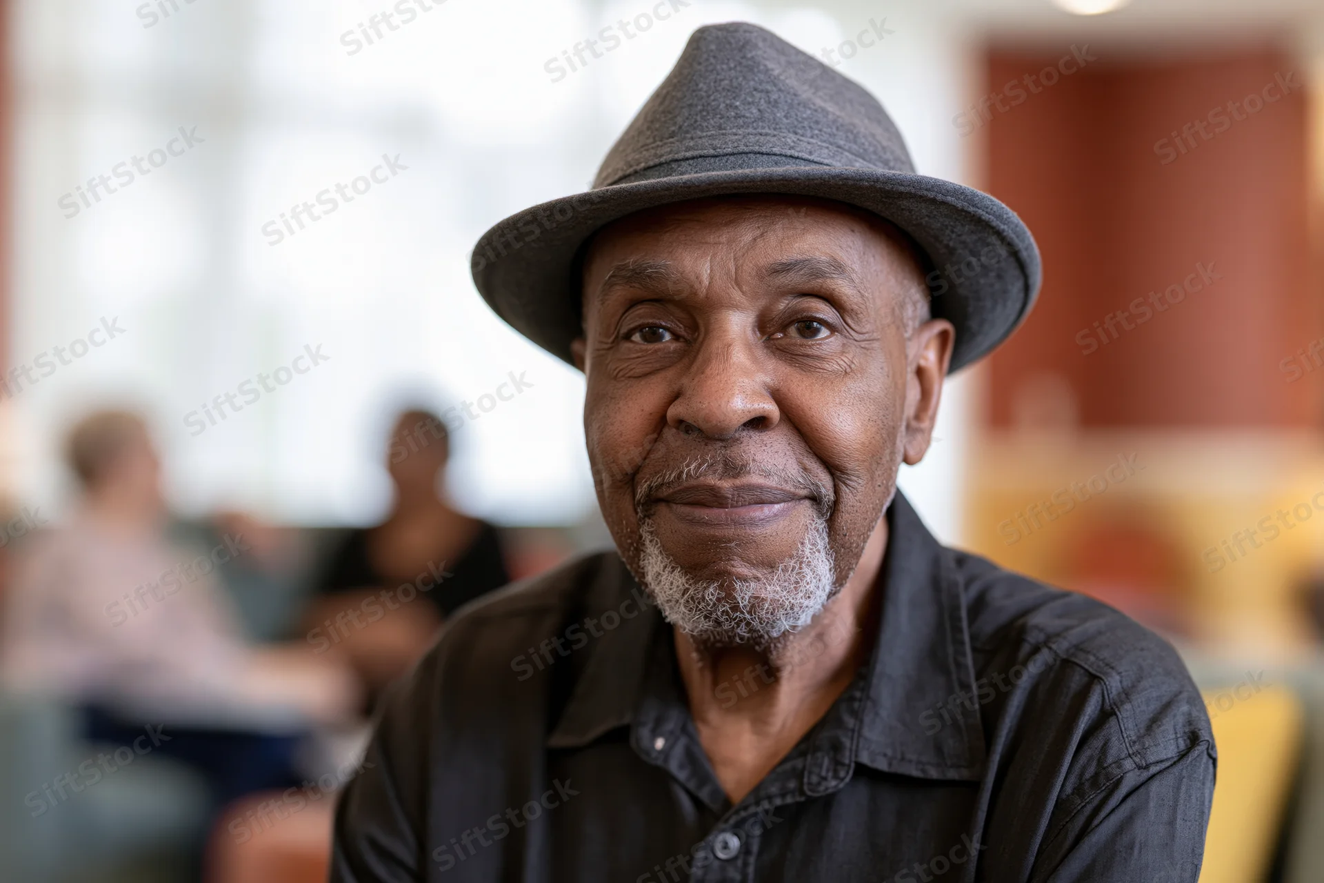 Senior black man smiling softly while wearing a grey fedora hat indoors in a cafe