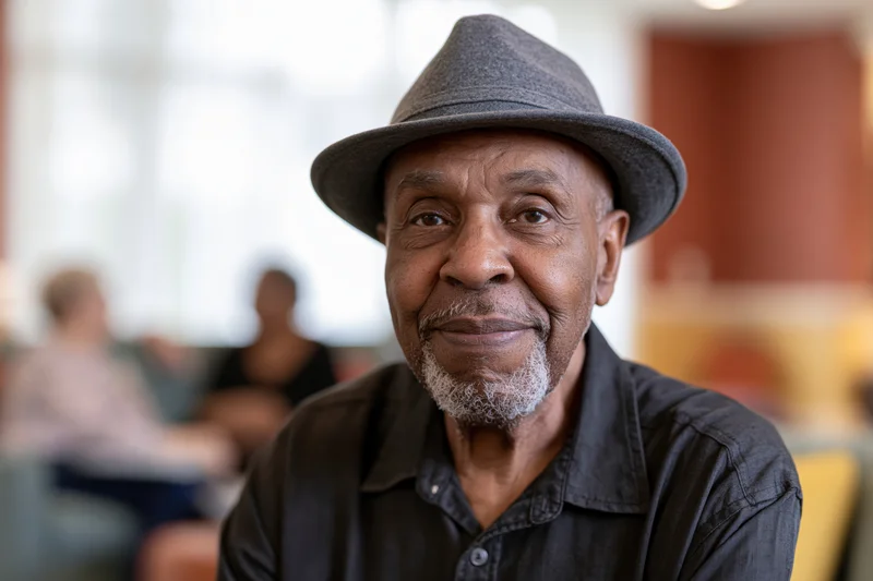 Senior black man smiling softly while wearing a grey fedora hat indoors in a cafe