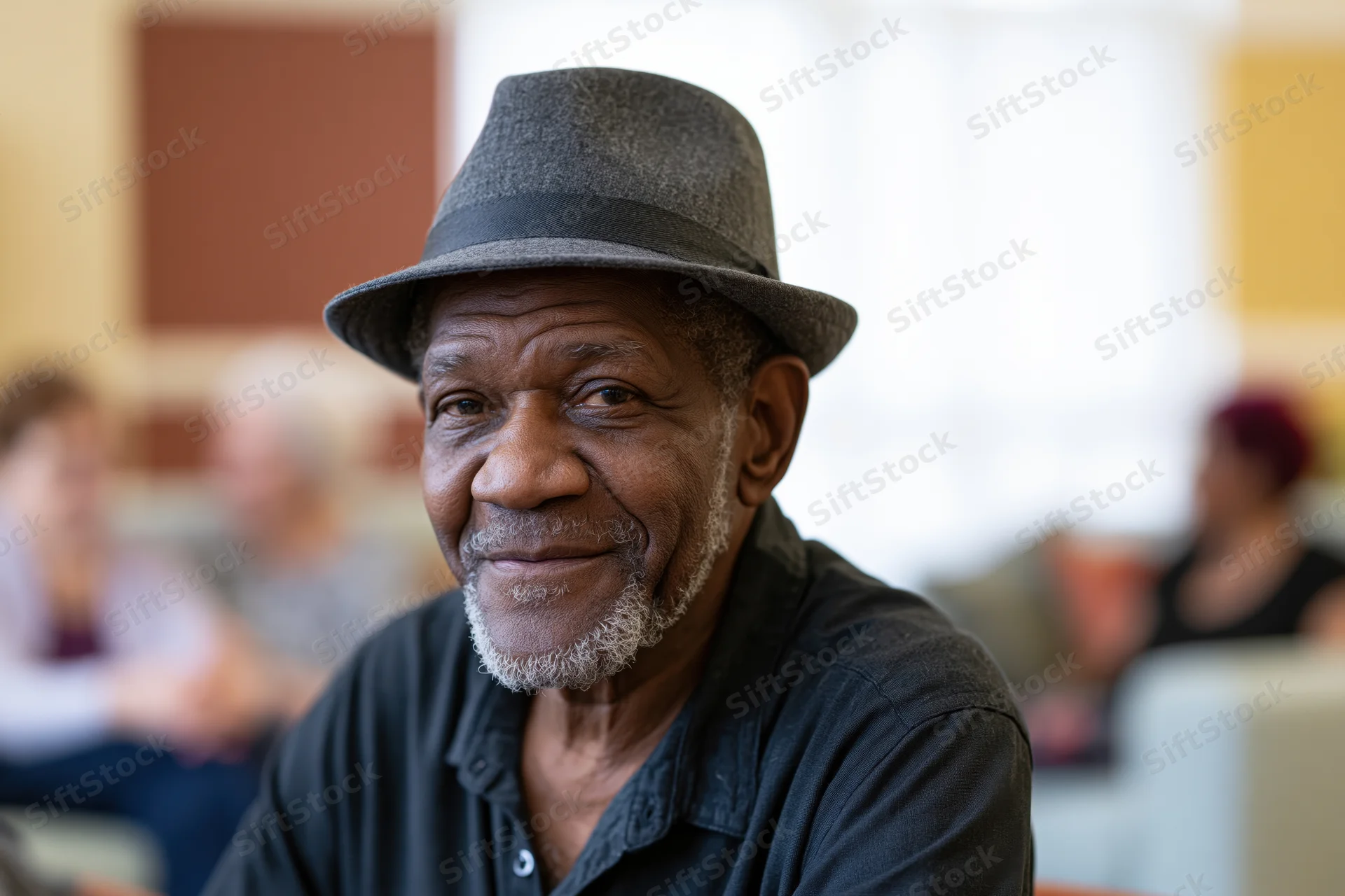 Elderly black man in grey fedora hat smiling softly indoors