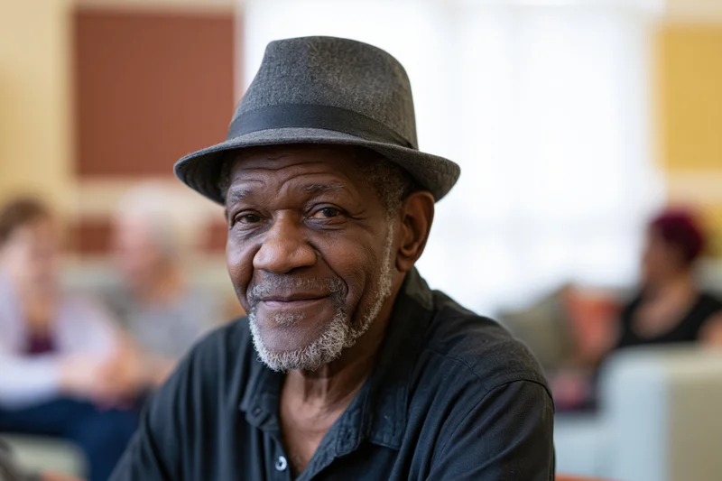 Elderly black man in grey fedora hat smiling softly indoors