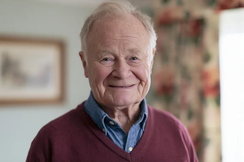 Elderly man smiling warmly at camera in home setting