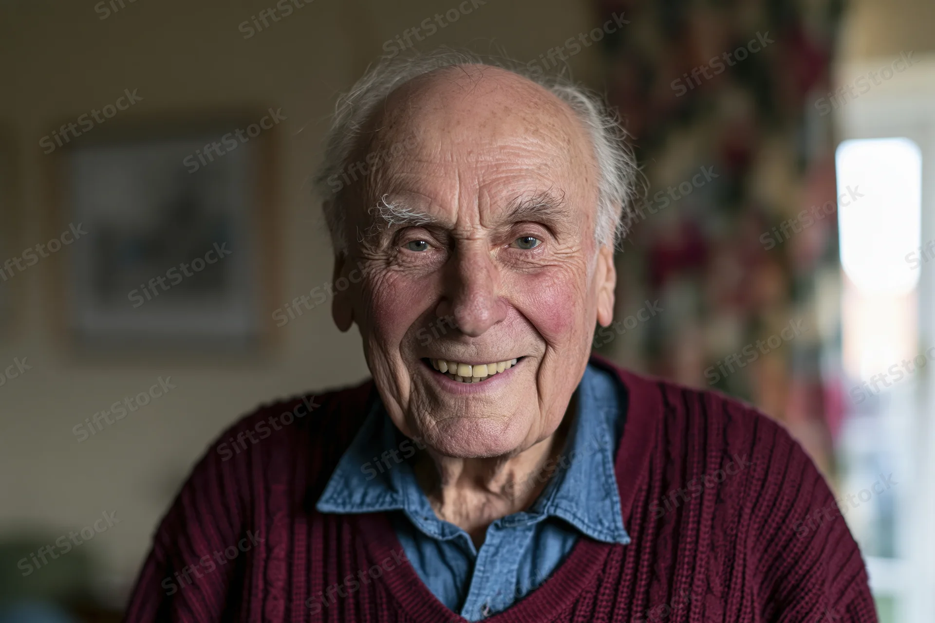 Elderly man smiling warmly at camera in home setting