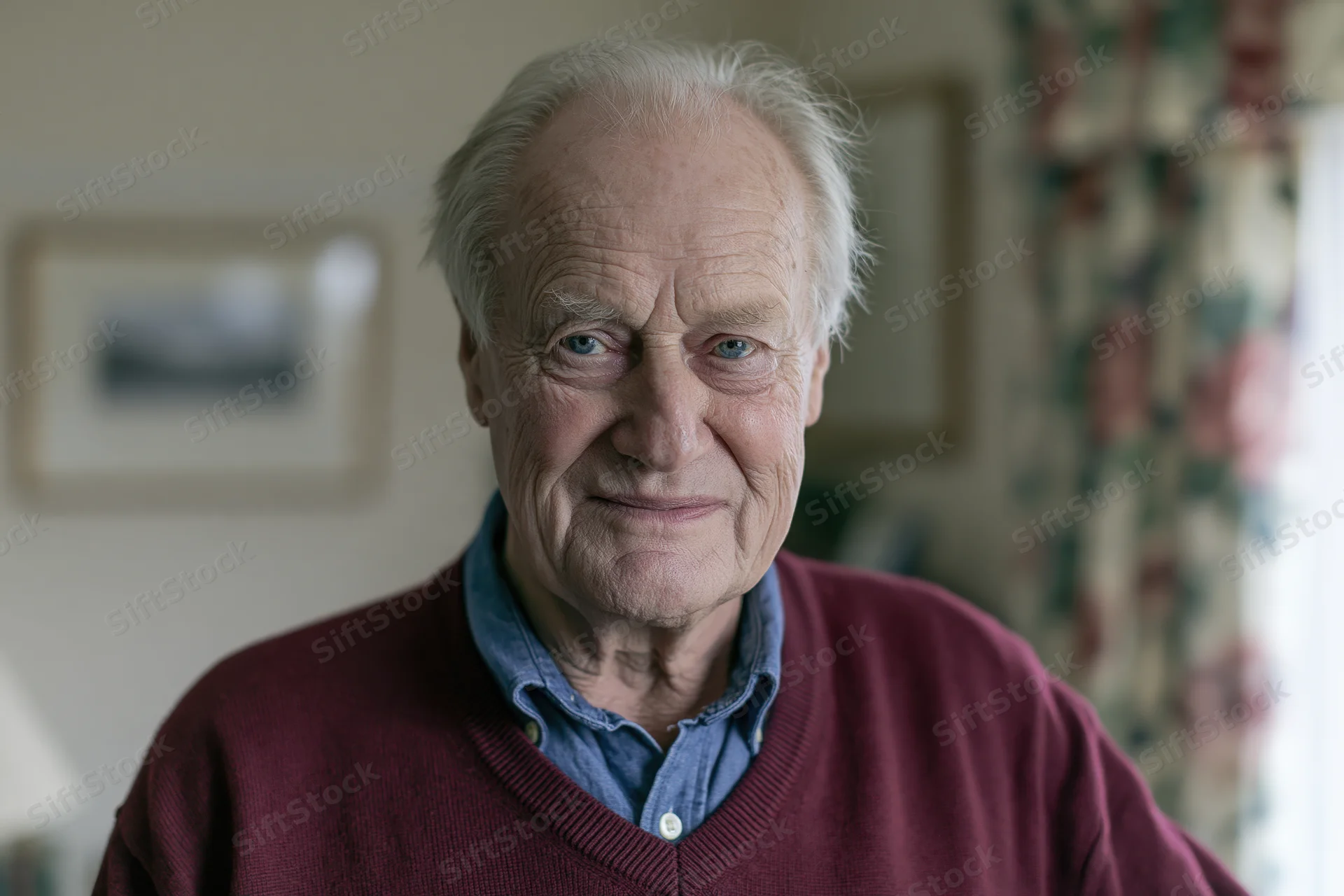 Elderly man smiling gently at camera in home living room