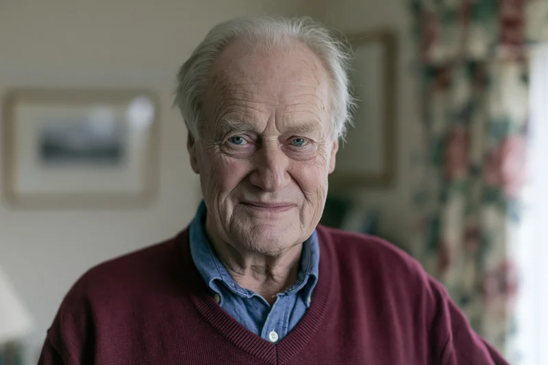 Elderly man smiling gently at camera in home living room