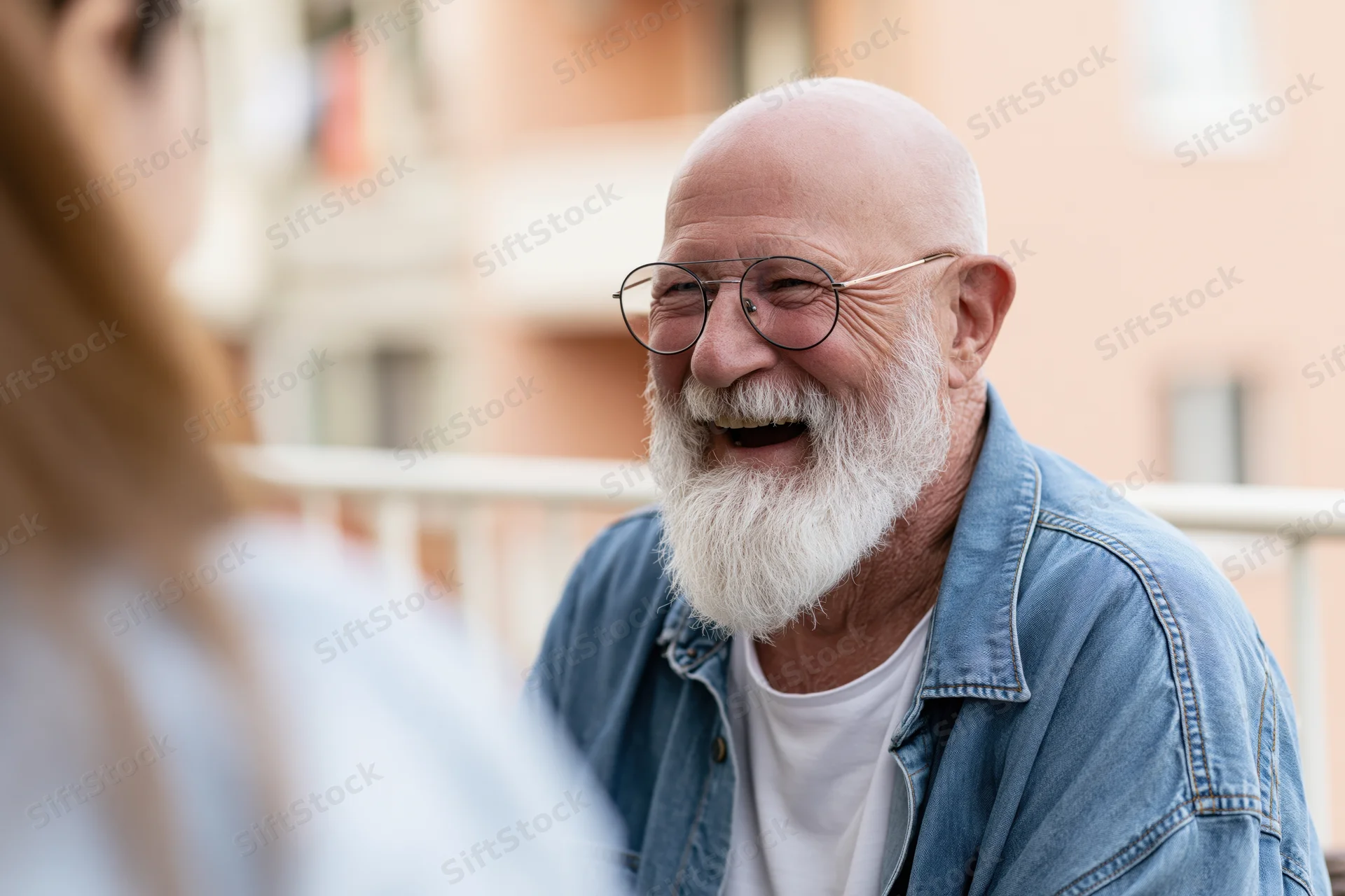 Senior man laughing warmly while talking to someone on a balcony
