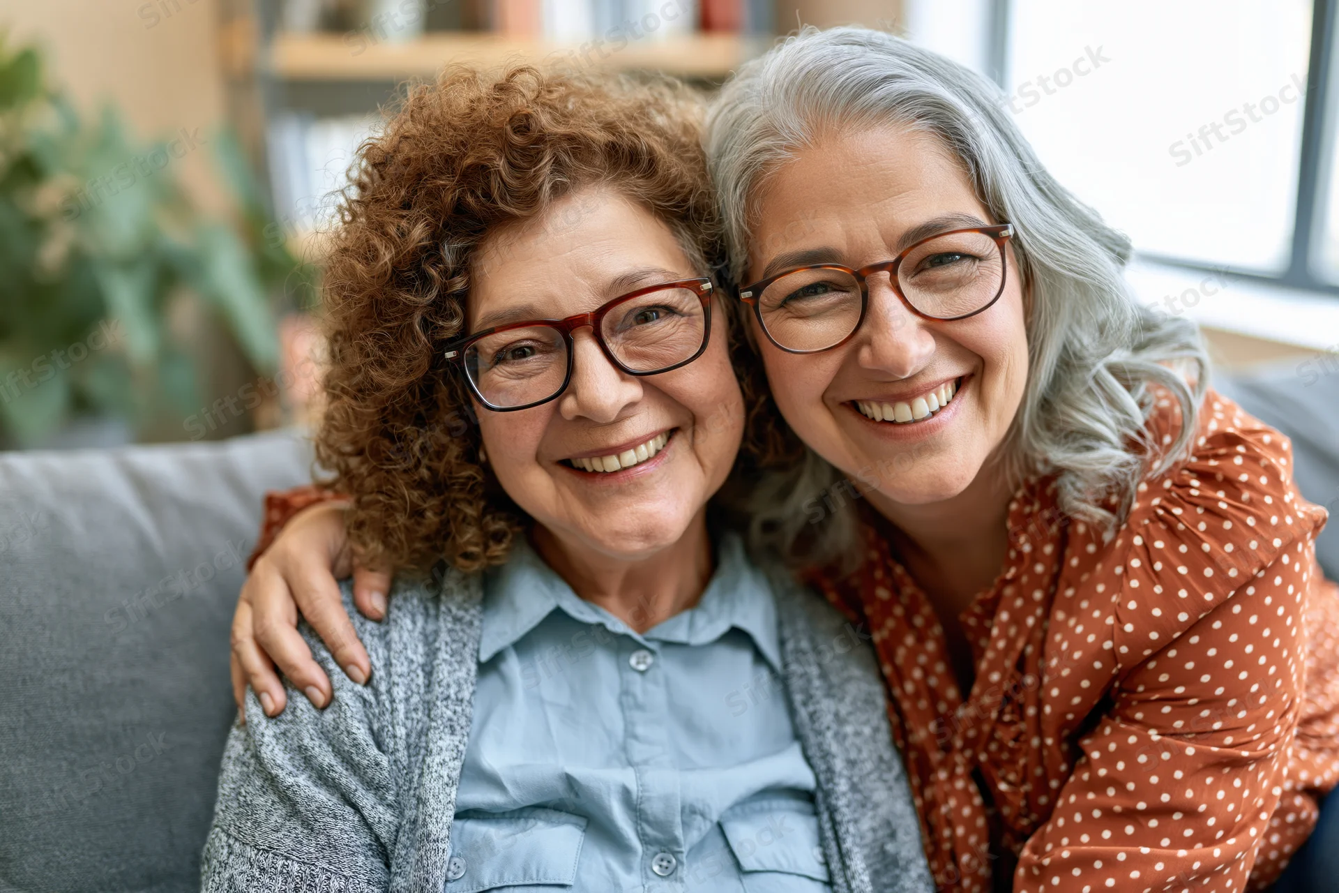 Elderly mother and adult daughter smiling while embracing on a gray sofa in a living room