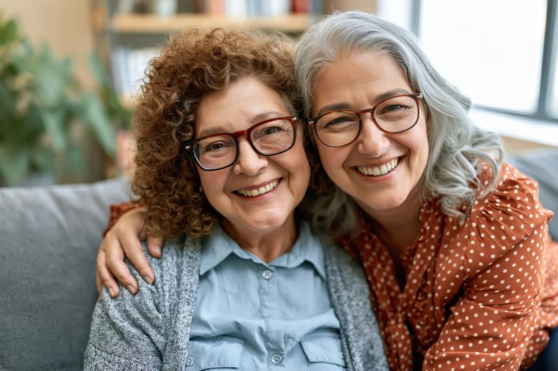 Elderly mother and adult daughter smiling while embracing on a gray sofa in a living room