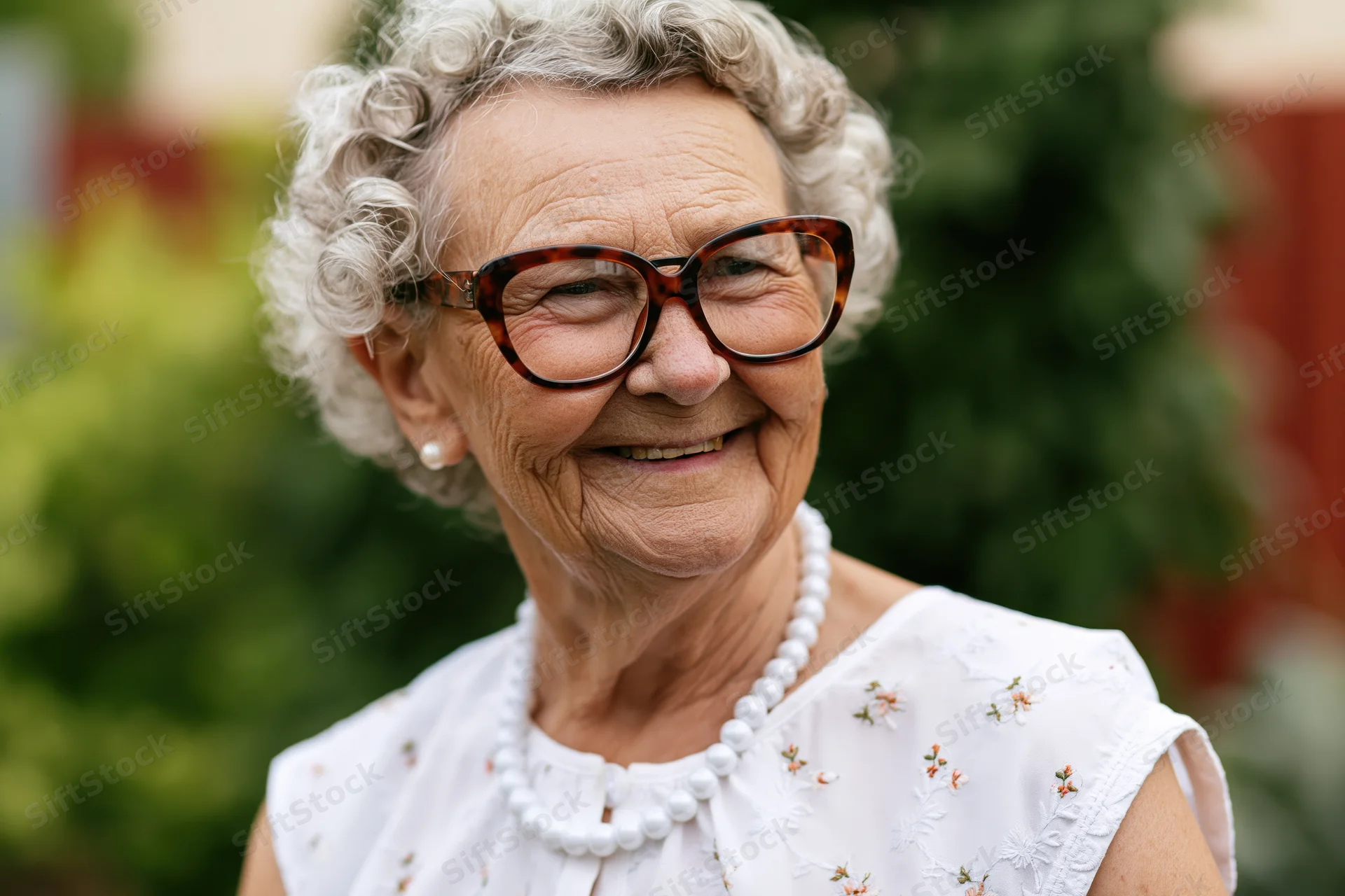 Elderly woman smiling warmly outdoors in a garden wearing tortoiseshell glasses and a white floral blouse with pearls
