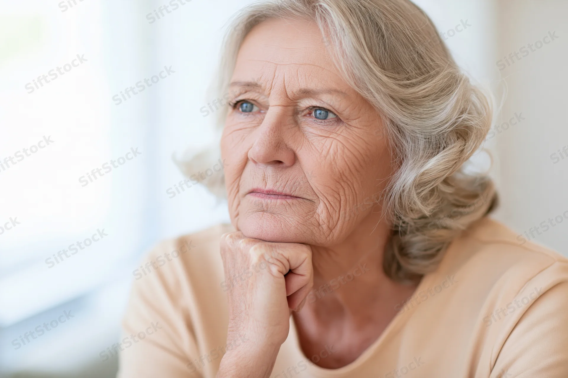 Elderly woman resting chin on hand gazing thoughtfully indoors