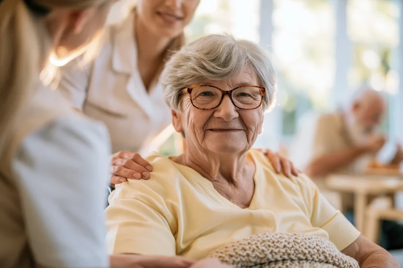 Elderly woman smiling with hands on her shoulders in a care facility