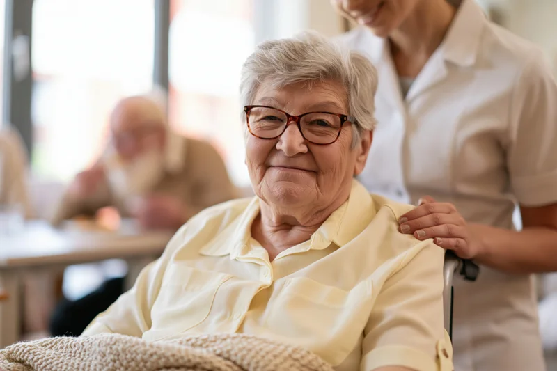 Elderly woman smiling in wheelchair with caregiver’s hand on her shoulder in a bright indoor setting