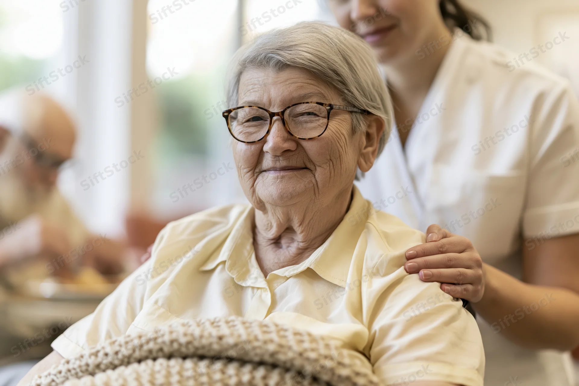 Elderly woman smiling with caregiver's hand on her shoulder in a bright indoor setting