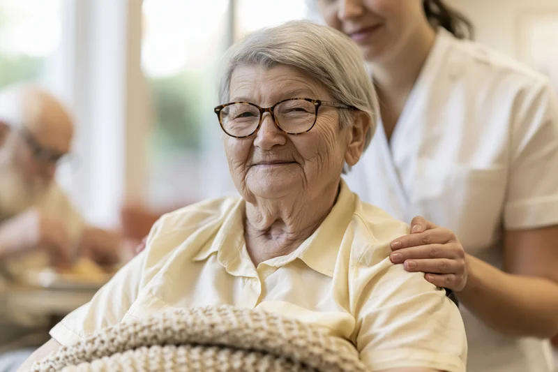 Elderly woman smiling with caregiver's hand on her shoulder in a bright indoor setting