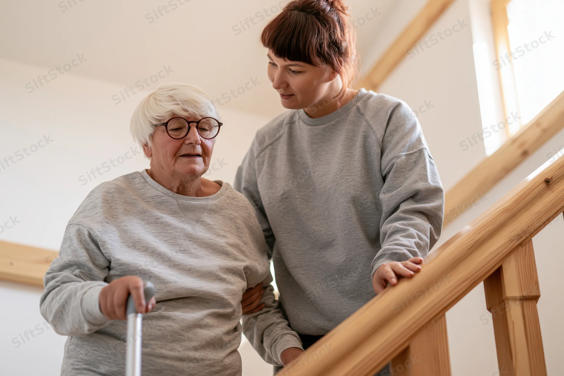 Elderly woman with short white hair and round glasses descending stairs with caregiver support, holding cane and handrail in home setting