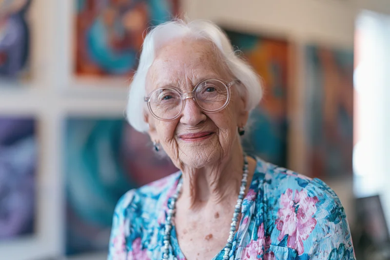 Elderly woman smiling with round glasses in an art gallery