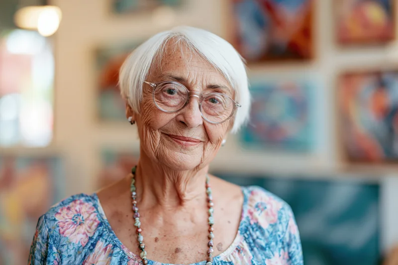 Senior woman with short white hair and round glasses smiling in an art gallery