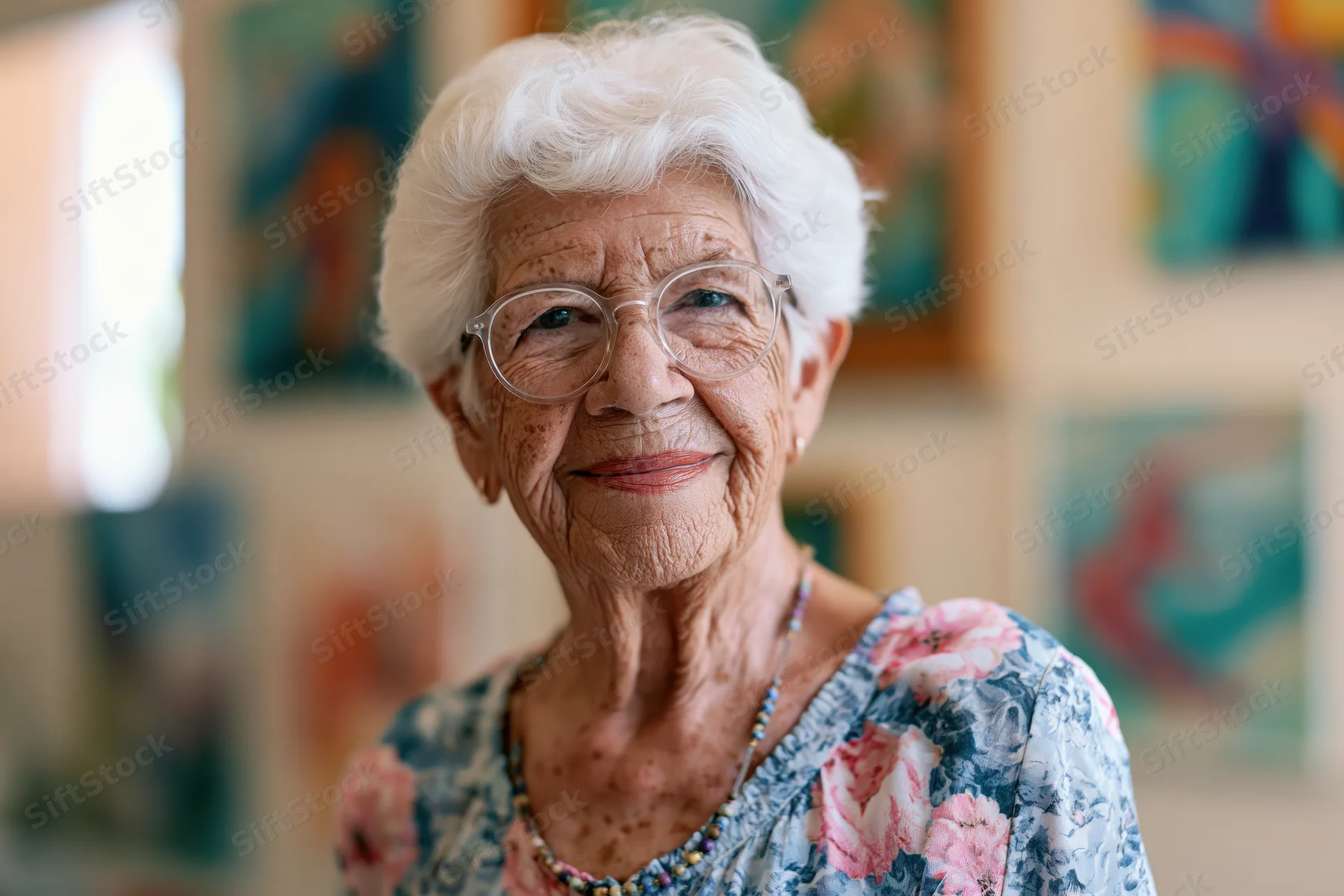 Elderly woman with short white hair and round glasses smiling in a room with paintings on the wall