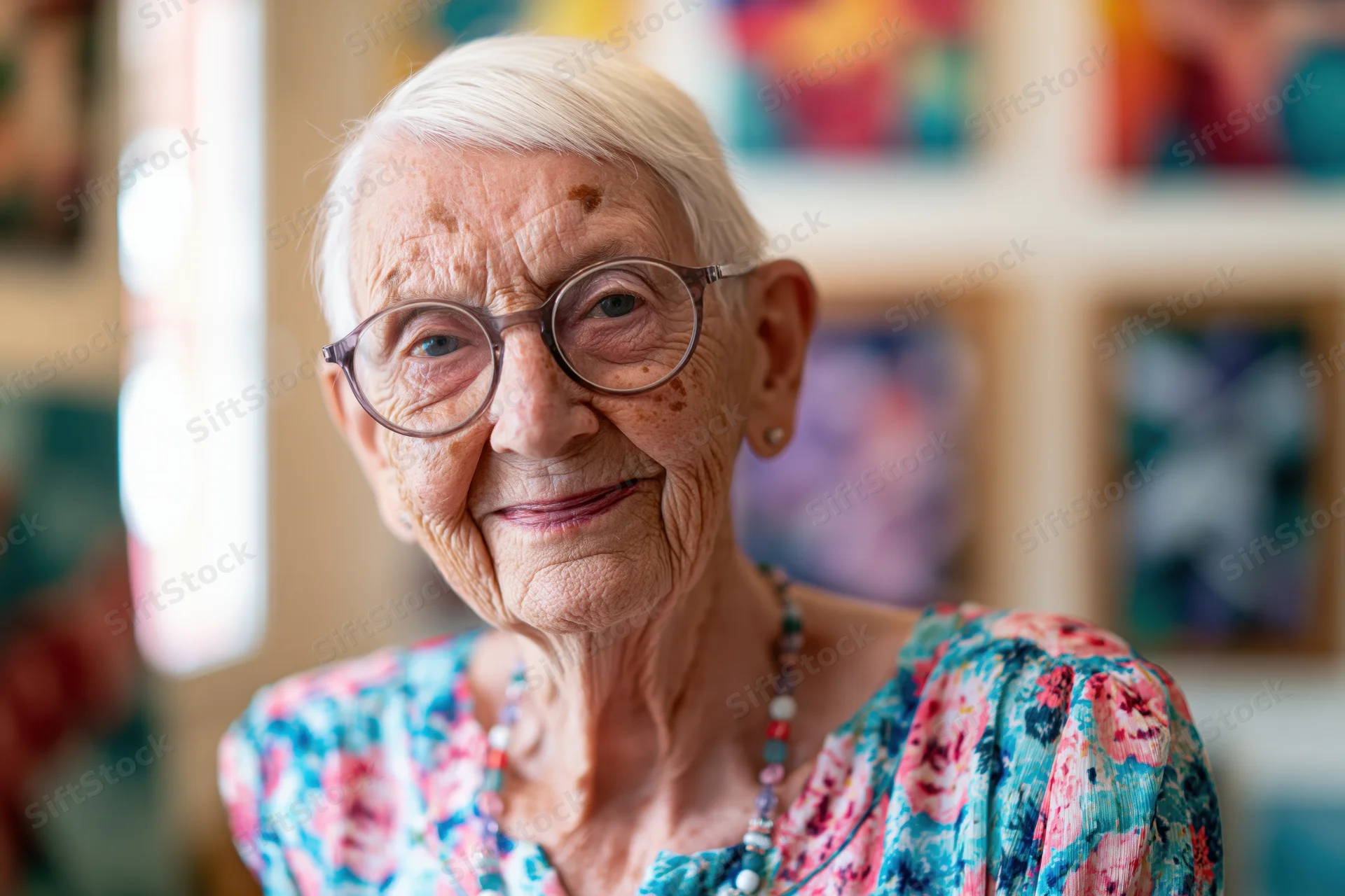 Elderly woman with short white hair and round glasses smiling in an art gallery interior