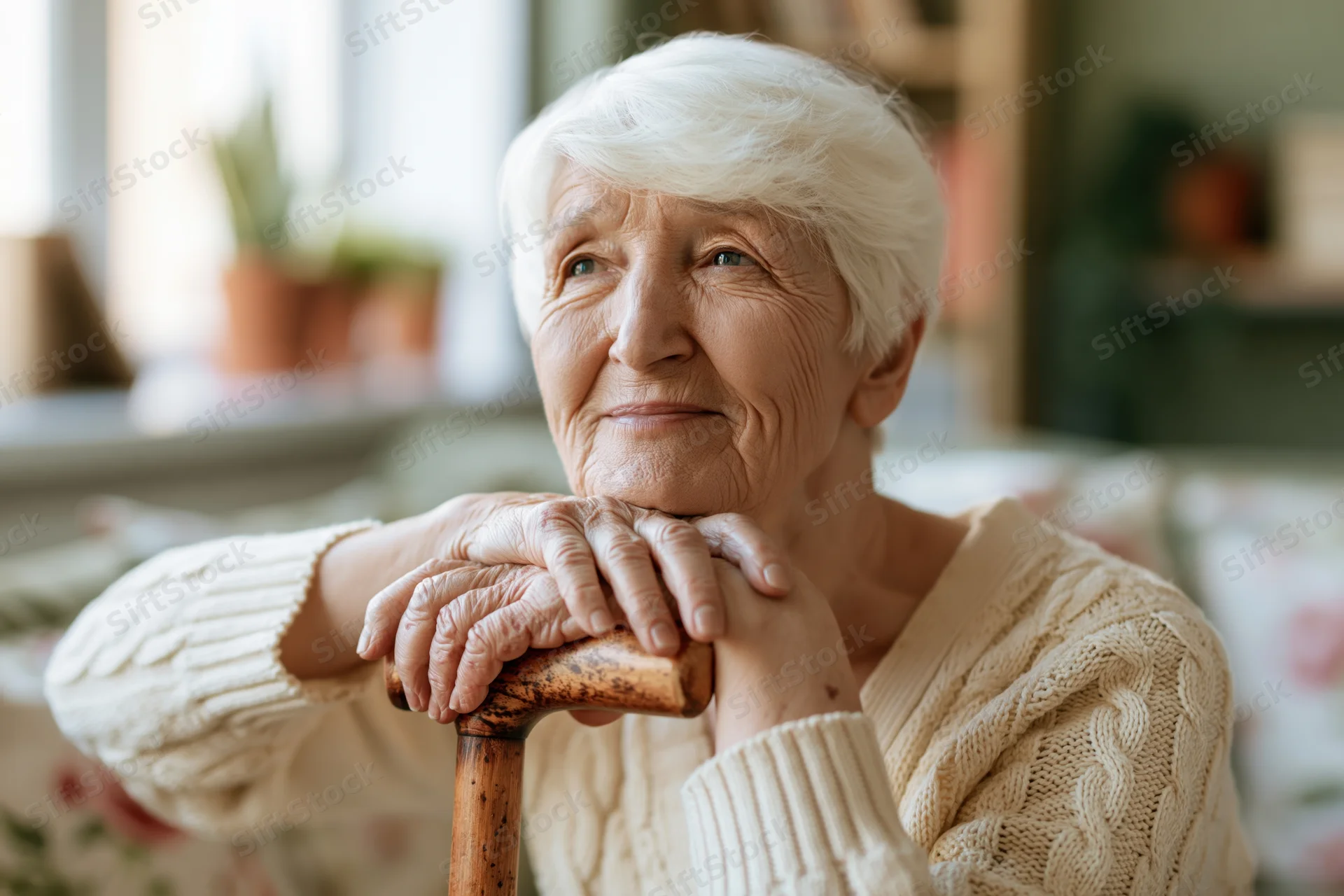 Elderly woman resting chin on hands on wooden cane in home setting
