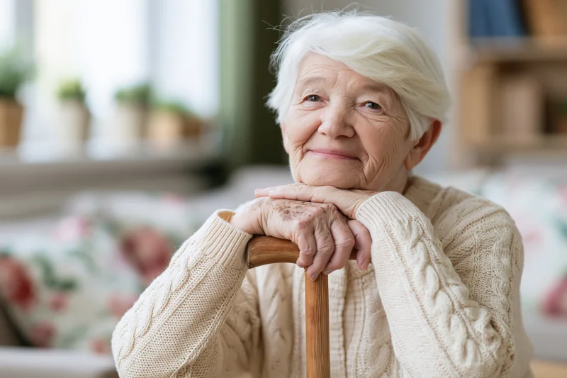 Elderly woman smiling with chin resting on hands on wooden cane in living room