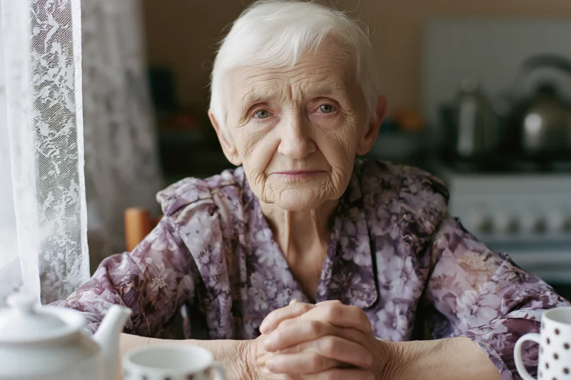 Elderly woman sitting at kitchen table with teapot and cup, hands clasped, looking at camera