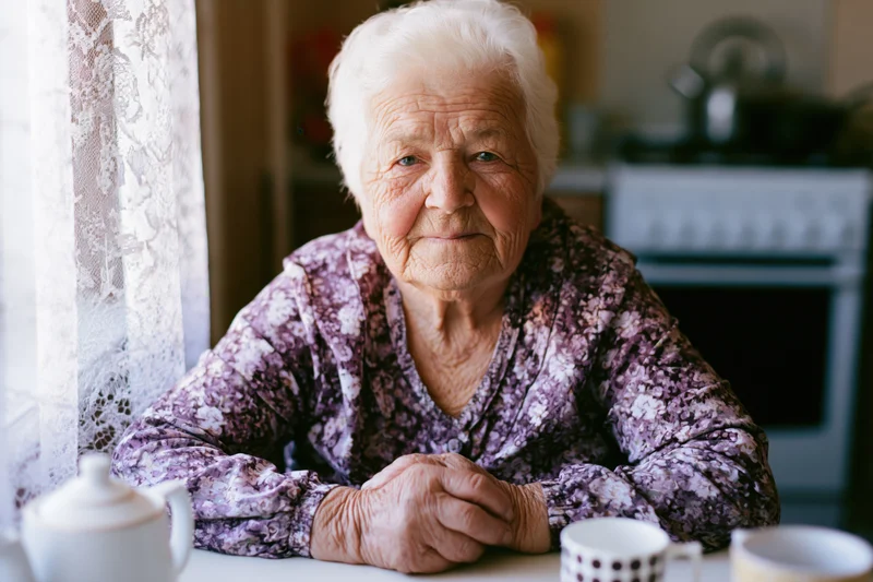 Elderly woman sitting at kitchen table with tea, hands clasped, looking at camera