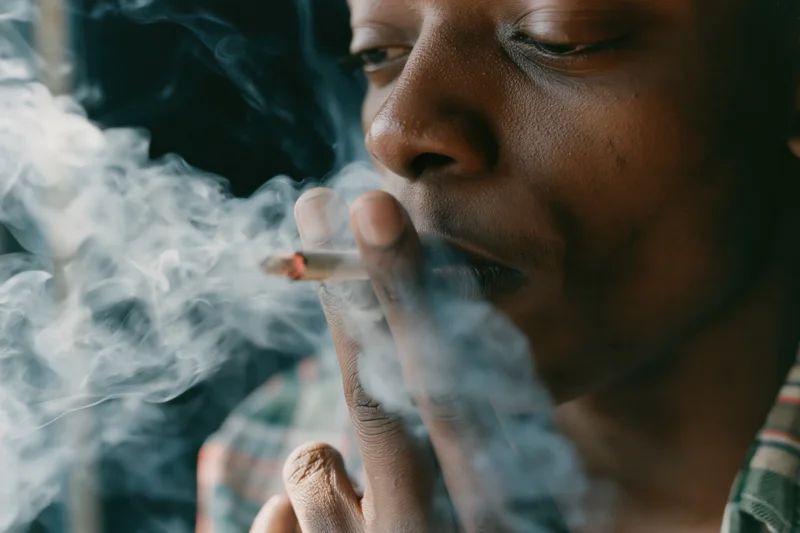 Young black man smoking a cigarette in close-up, smoke curling from his lips, wearing a plaid shirt indoors