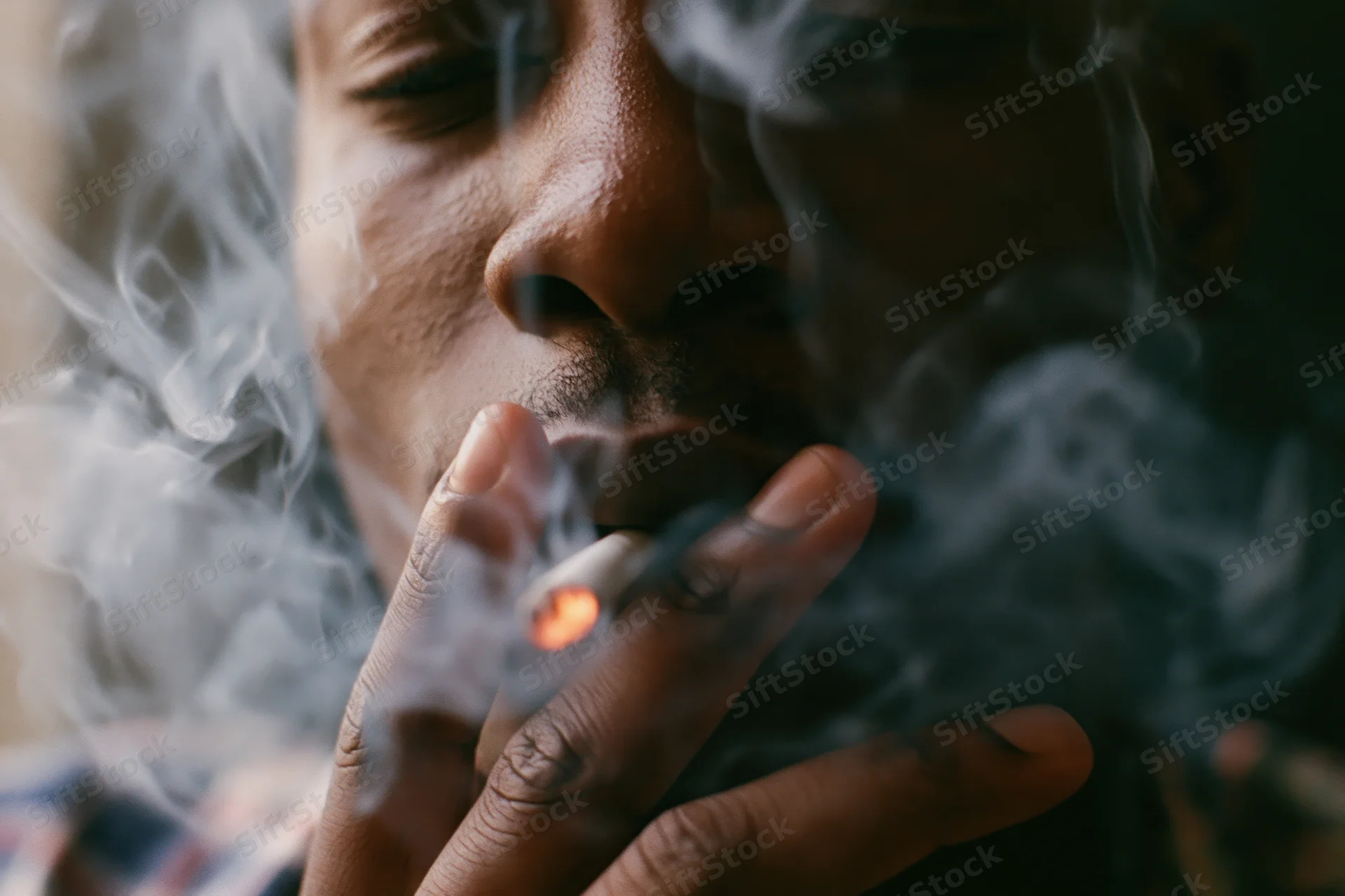Young black man smoking a cigarette, exhaling smoke, close-up on lower face and hand