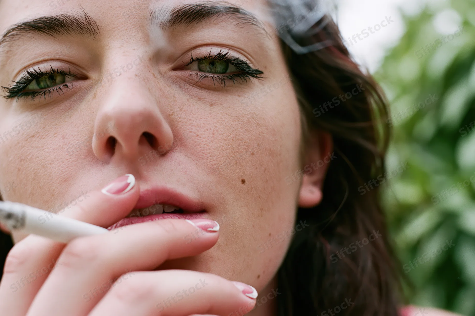 Young woman smoking a cigarette outdoors, close-up on her face and green eyes