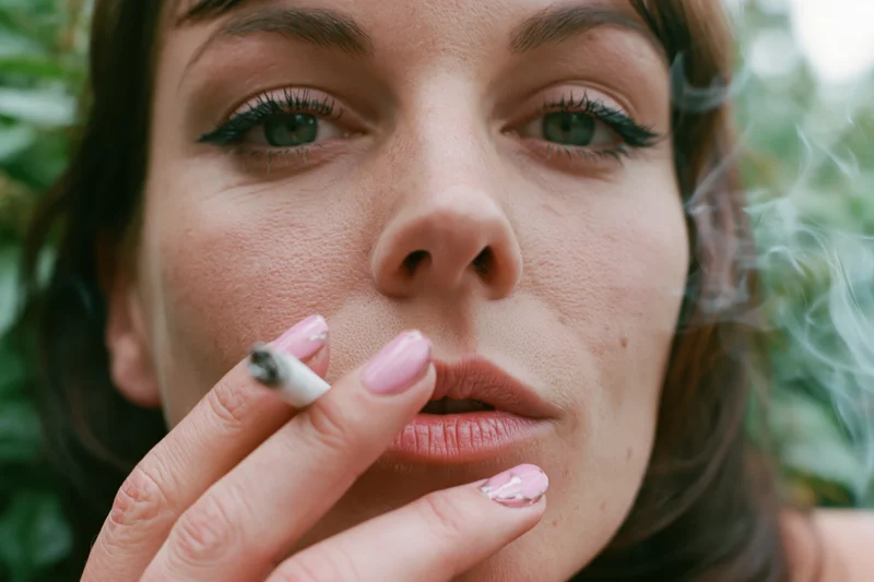 Young woman smoking a cigarette outdoors with green foliage in the background