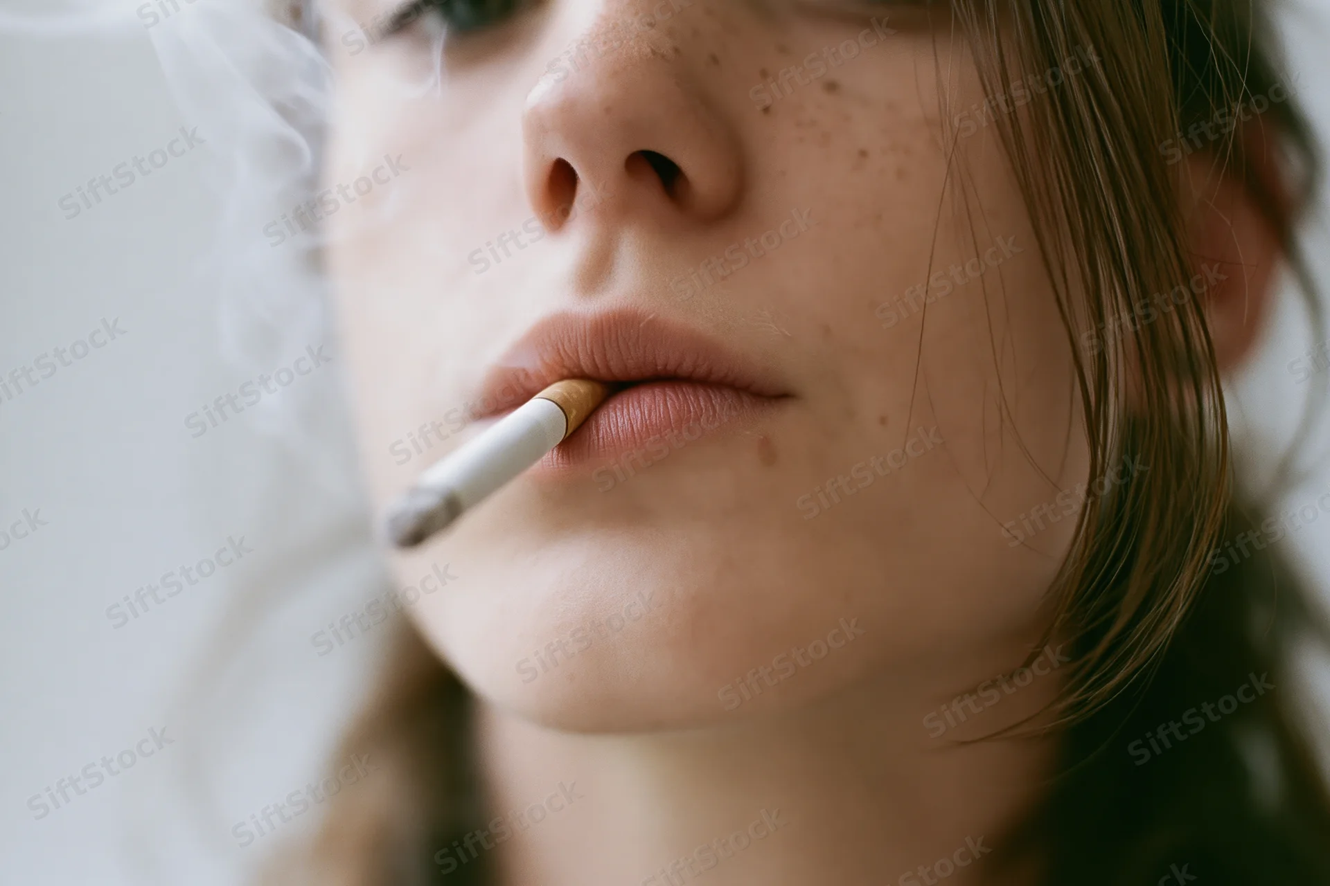 Young woman smoking a cigarette in close-up view