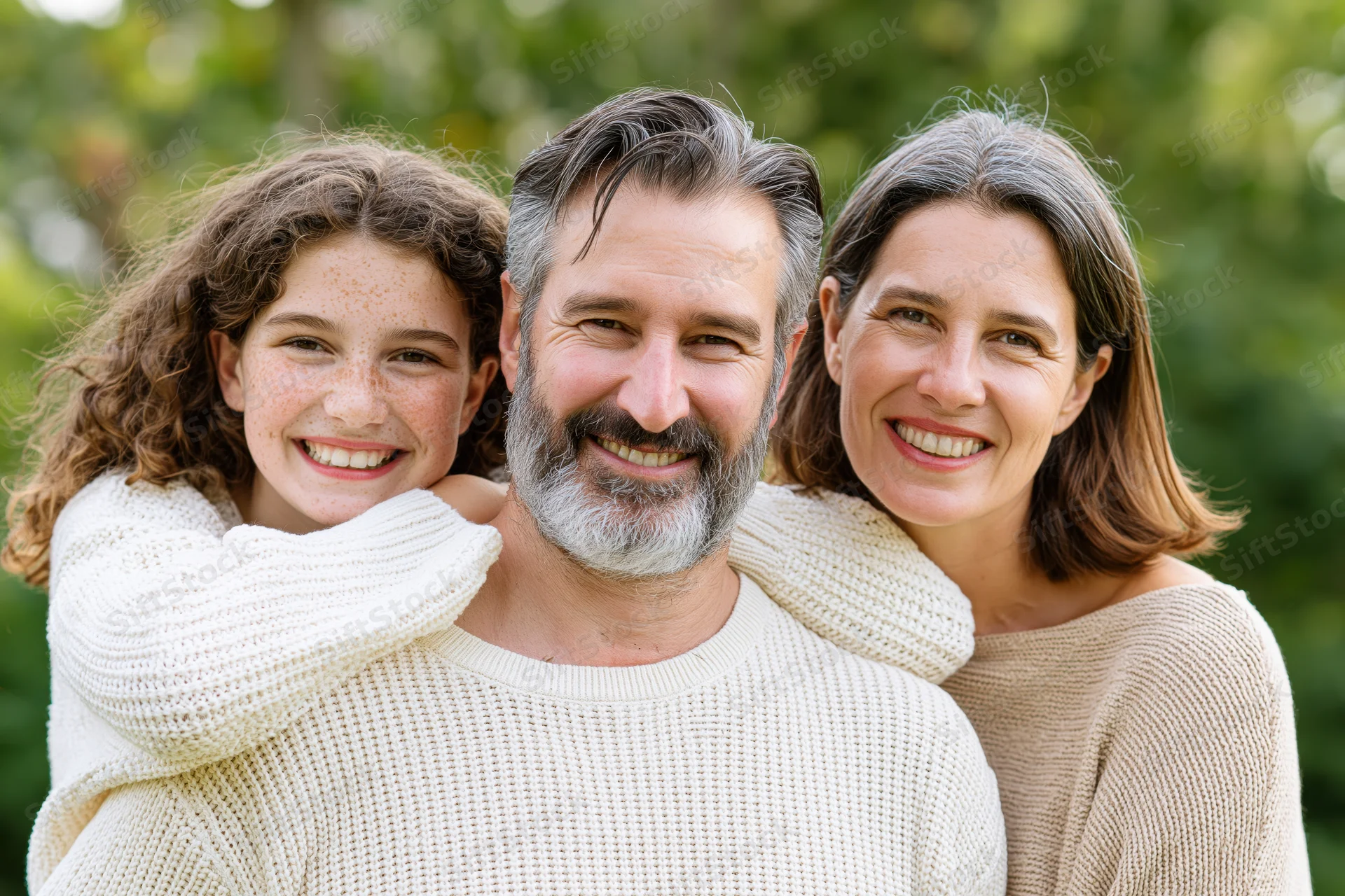 Family of three smiling closely together outdoors in a green garden setting