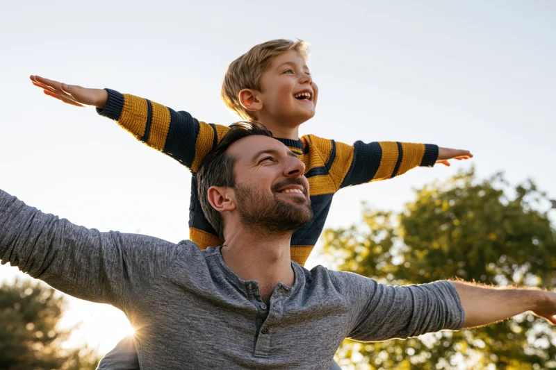 Father carrying young son on his shoulders outdoors with arms outstretched smiling