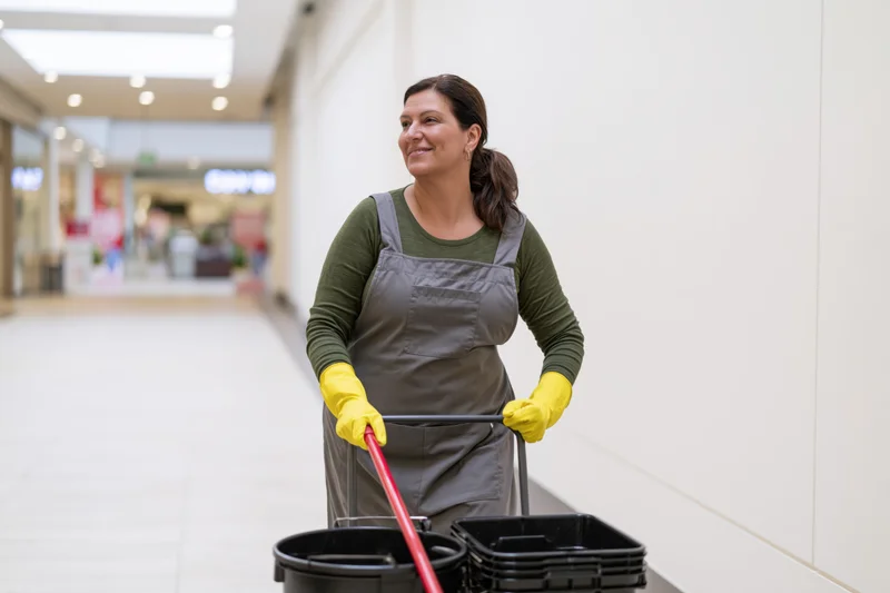Woman cleaner pushing janitorial cart down shopping mall corridor