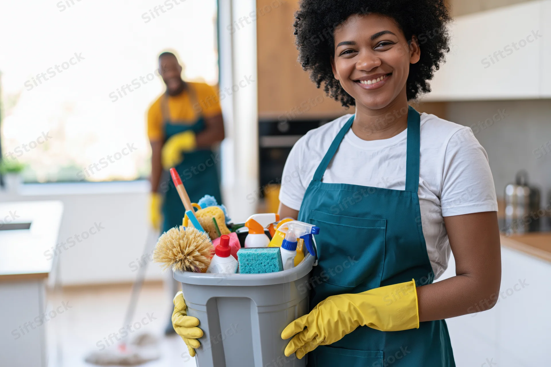 Smiling woman cleaner holding a bucket of cleaning supplies in a modern kitchen