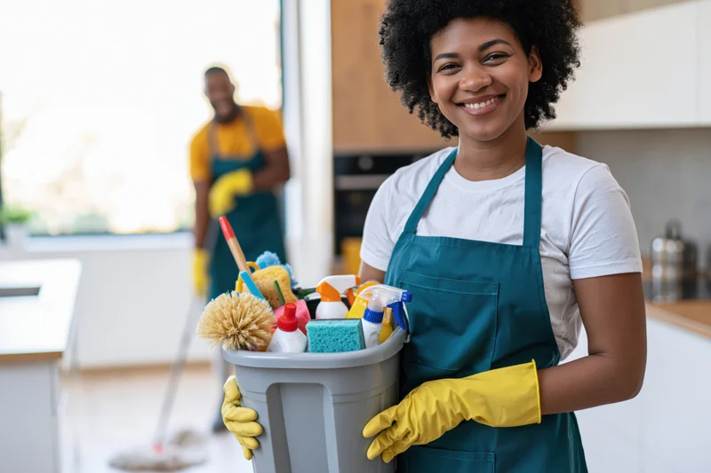 Smiling woman cleaner holding a bucket of cleaning supplies in a modern kitchen