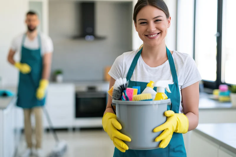 Woman holding a grey bucket of cleaning supplies in a modern kitchen with a man cleaning in the background