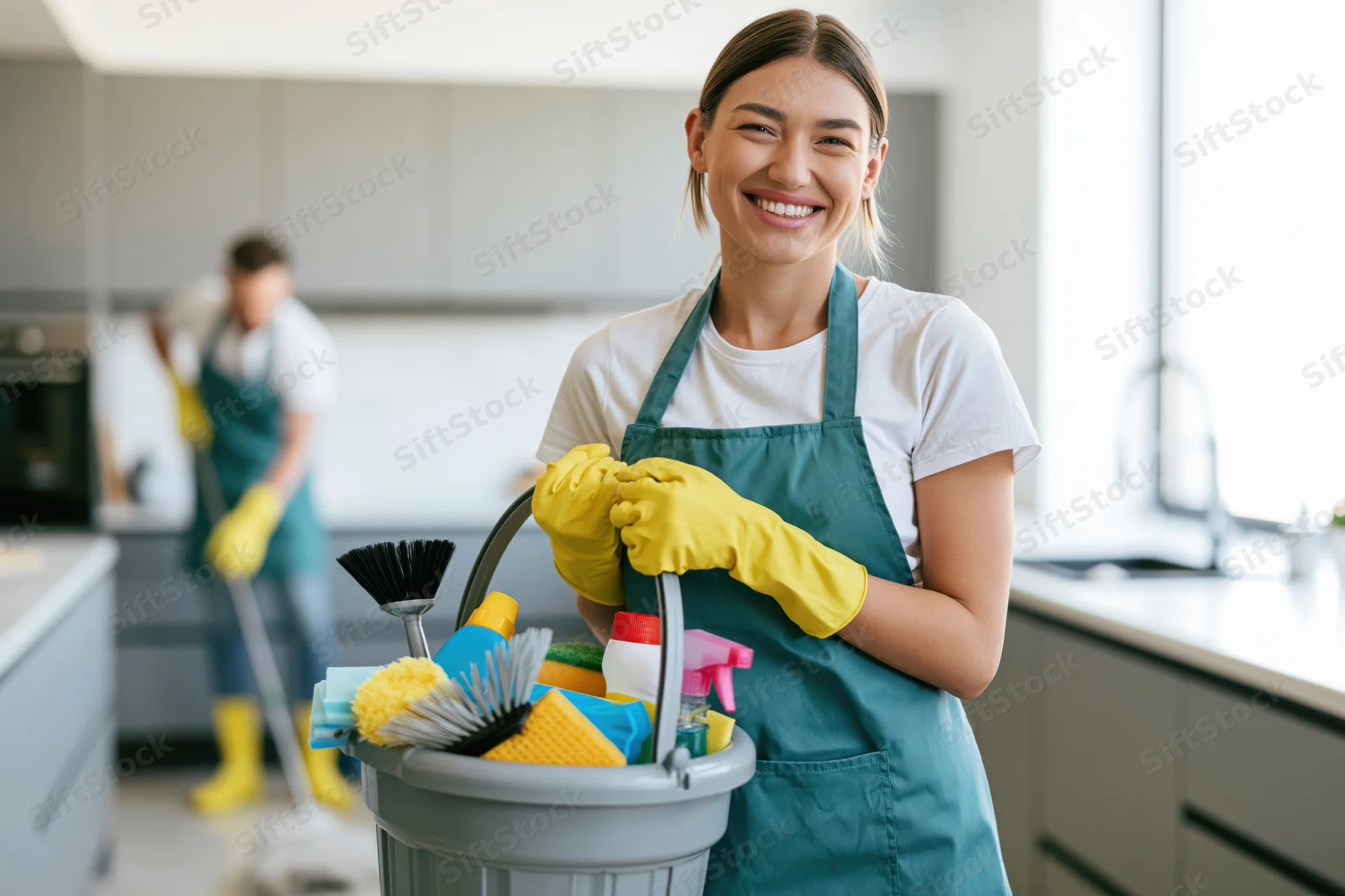 Woman cleaner smiling while holding a bucket of cleaning supplies in a modern kitchen