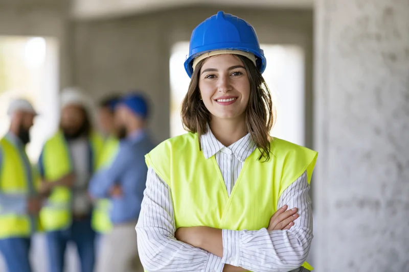 Woman in blue helmet and yellow vest with arms crossed at construction site