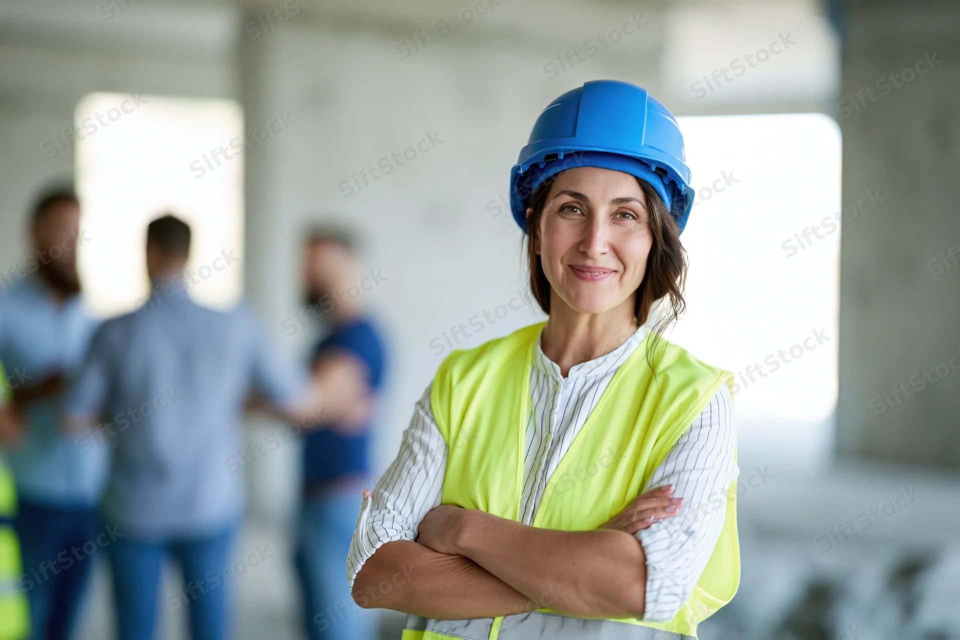 Woman in blue helmet and yellow vest with arms crossed at construction site